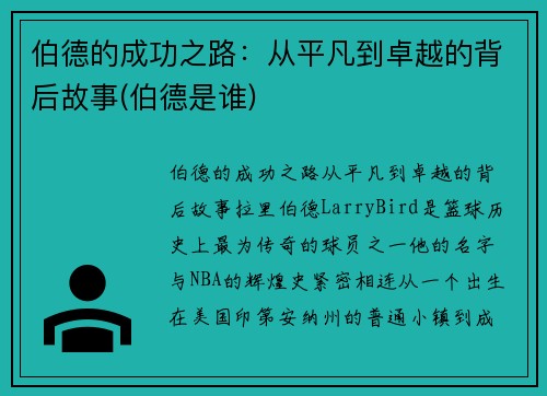 伯德的成功之路:从平凡到卓越的背后故事(伯德是谁)