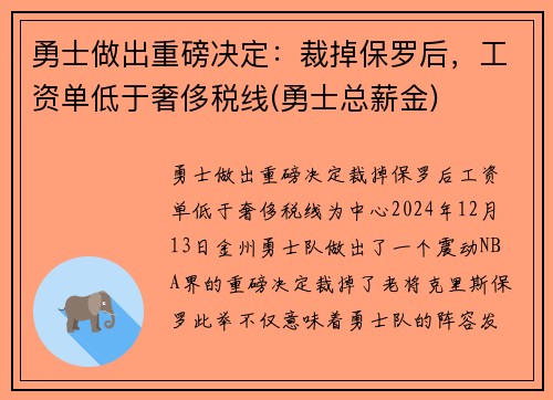 勇士做出重磅决定:裁掉保罗后,工资单低于奢侈税线(勇士总薪金)