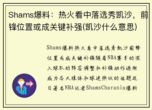 Shams爆料:热火看中落选秀凯沙,前锋位置或成关键补强(凯沙什么意思)