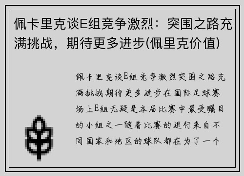 佩卡里克谈E组竞争激烈:突围之路充满挑战,期待更多进步(佩里克价值) 佩卡里克谈E组竞争激烈:突围之路充满挑战,期待更多进步(佩里克价值)