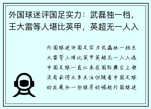 外国球迷评国足实力:武磊独一档,王大雷等人堪比英甲,英超无一人入选
